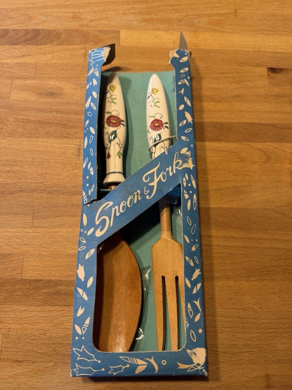 Vintage Salad Server Set Wood White Design Handle Fork &Spoon Hakusan Japan NIB